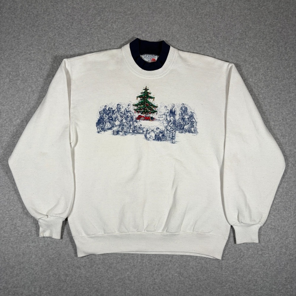VTG 90s Morning Sun Sweatshirt Large White Fleece Christmas Winter Embroidered